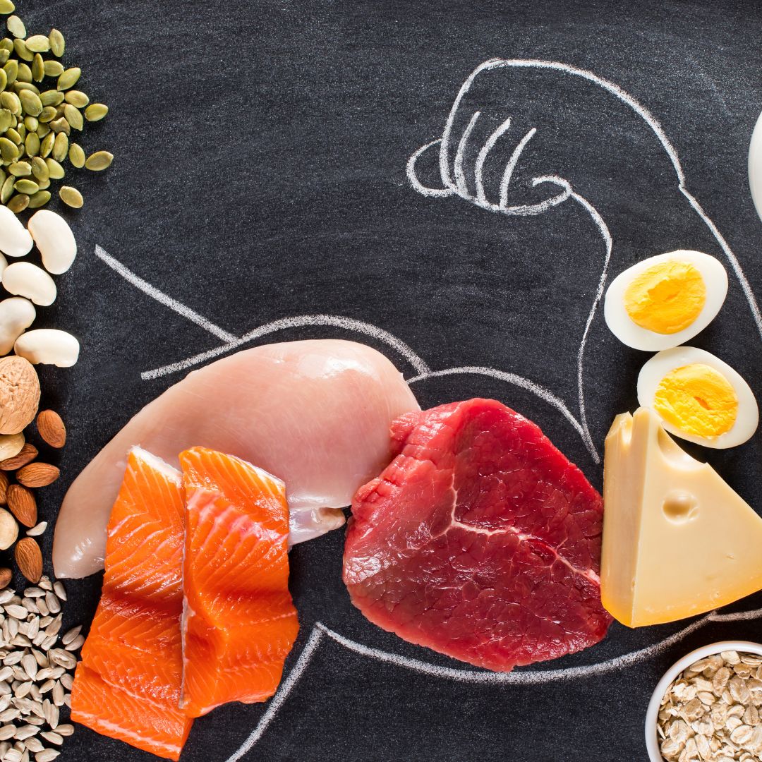 Proteinreiche Lebensmittel wie Eier, Linsen, Quark und Huhn als gesunde Eiweißquellen für Muskelaufbau und Regeneration